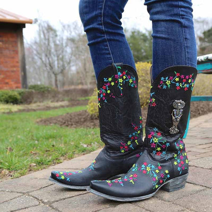 Women Country Cowboy Embroidery Boots Casual Mid-calf Dress Boots