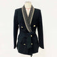 Womens Black Metal Coat Double Breasted Lion Button Blazer with Belt Outwear