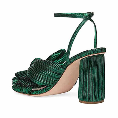 Elegant green bridal bow knot heeled sandals with thick block heels and ankle strap