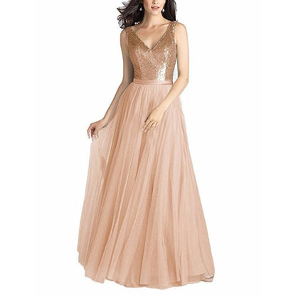 Sequin Evening Gowns V Neck Sleeveless Ball Prom Party Dress