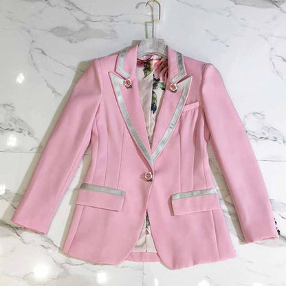 Womens Pink Coat Golden Lion Buttons Blazer Jacket with Pocket