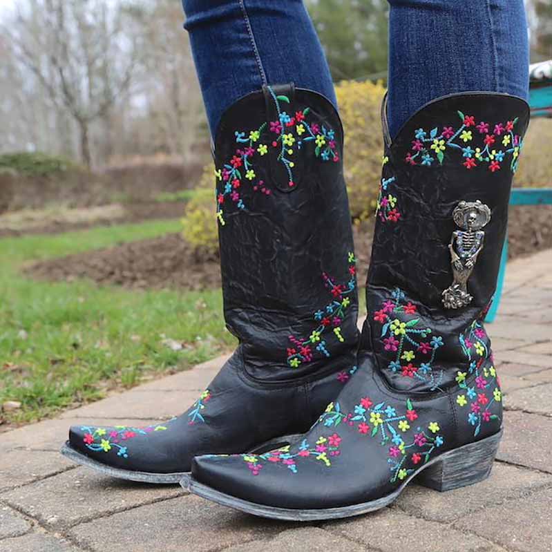 Women Country Cowboy Embroidery Boots Casual Mid-calf Dress Boots