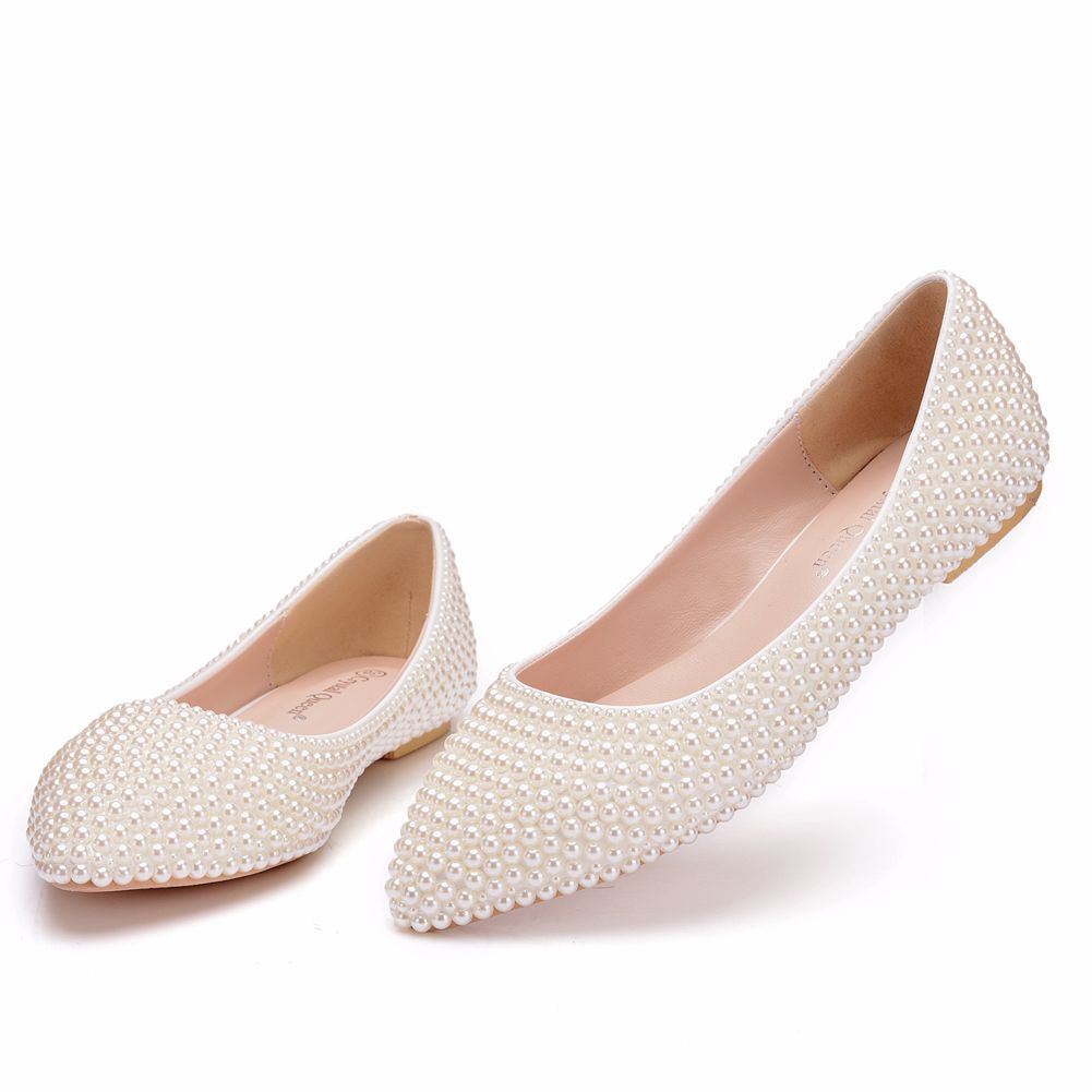 Pearls Flat Wedding Bridal Shoes Pointed Toe Shoes Kitten Heel