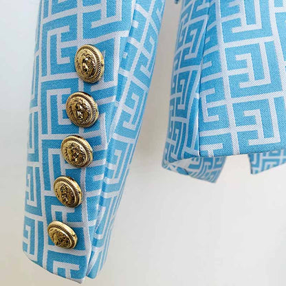 Women's Blue Blazer Labyrinth Pattern Jacket Coats with Gold Buttons