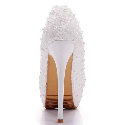 Wedding Platform Wedges Pumps White Lace Bridal Heels