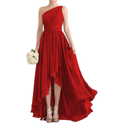 Women's One Shoulder Bridesmaid Dresses High Low Chiffon Evening Formal Gown with Pockets
