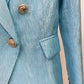 Women's Metal Lion Buttons Blue Fitted Blazer Coat