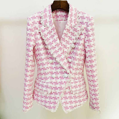 Women's Purple & White Tweed Houndstooth Luxury Fitted Double Breasted Blazer with Lion Buttons