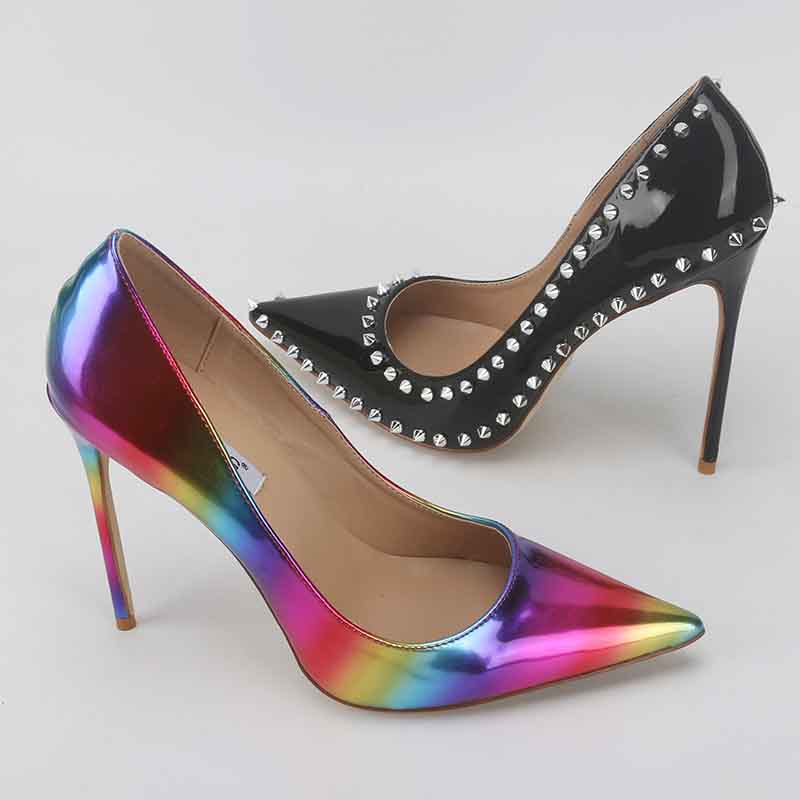 Black Rivet Studded Pointed Toe Slip on Sexy High Heel Pump Shoes