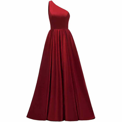 Women's One Shoulder Prom Dress Long Satin Formal Evening Ball Wedding Gowns