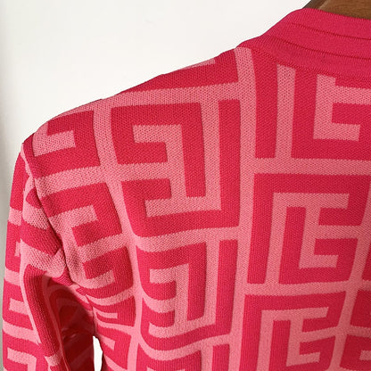 Women Maze Cardigan Suit + Trousers Two Piece Pink Sweater Suit