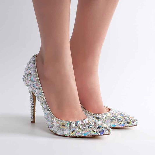 Rhinestone Stiletto Heels Prom Slip-On Low-Cut Upper Wedding Shoes