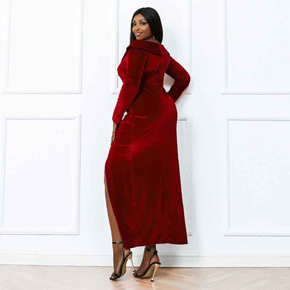 Women Plus Size Red Velvet Prom Long Sleeves Maxi Evening Dress