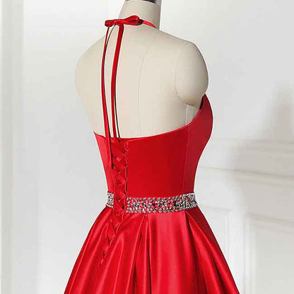 Short Prom Dress Halter Homecoming Dresses with Pockets Satin Cocktail Dress