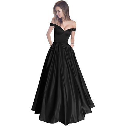 Off The Shoulder Satin Wedding Dress Beaded A.Line Prom Dress with Pocket