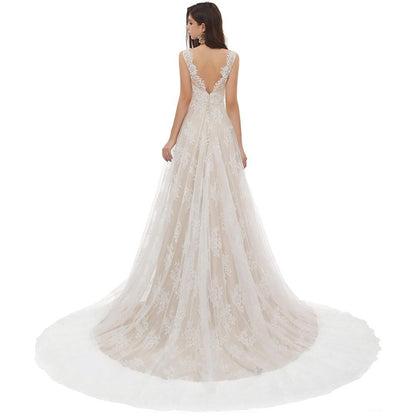 sd-hk Bride V-Neck A-line Lace Tulle Long Beach Wedding Dress for Women