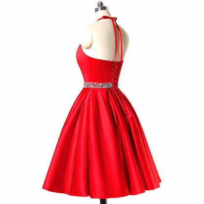 Short Prom Dress Halter Homecoming Dresses with Pockets Satin Cocktail Dress