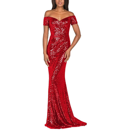 sd-hk Women's Off Shoulder Sequins Evening Dress Long Mermaid Side Slit Formal Dresses