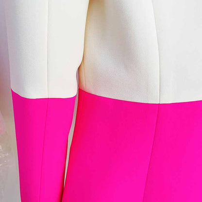 Women Hot Pink Light Beige Blazer + Flare Trousers Suit