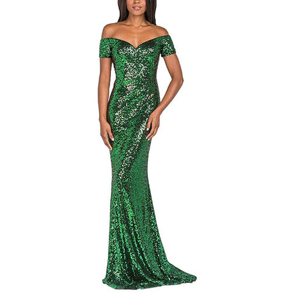 sd-hk Women's Off Shoulder Sequins Evening Dress Long Mermaid Side Slit Formal Dresses