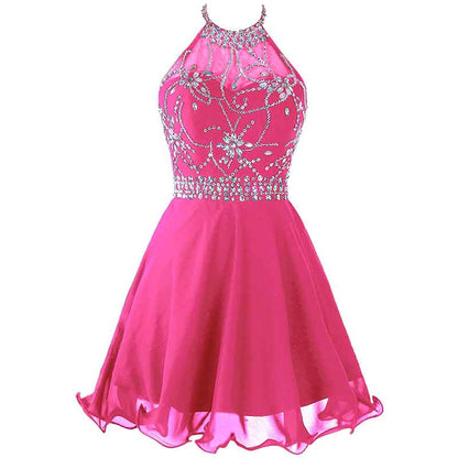Women's Beaded Halter Homecoming Dress Short Tulle Prom Dress