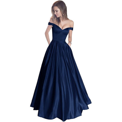 Off The Shoulder Satin Wedding Dress Beaded A.Line Prom Dress with Pocket