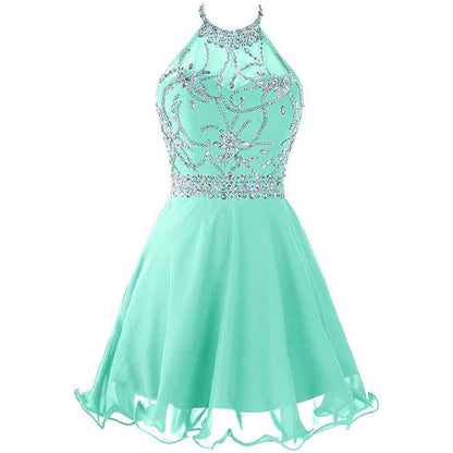 Women's Beaded Halter Homecoming Dress Short Tulle Prom Dress