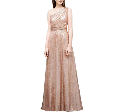Women One Shoulder Sequin Bridesmaid Dresses Long Chiffon Formal Dresses
