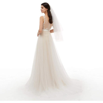 sd-hk Bride V-Neck A-line Lace Tulle Long Beach Wedding Dress for Women