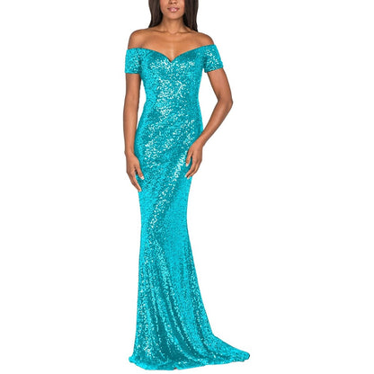 sd-hk Women's Off Shoulder Sequins Evening Dress Long Mermaid Side Slit Formal Dresses