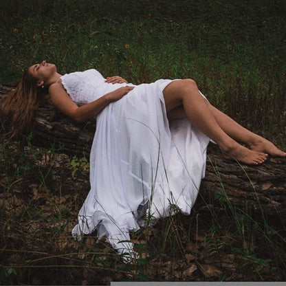 Spaghetti Straps Applique Backless Long Chiffon Beach Wedding Dress For Women