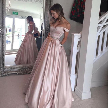 Off The Shoulder Satin Wedding Dress Beaded A.Line Prom Dress with Pocket