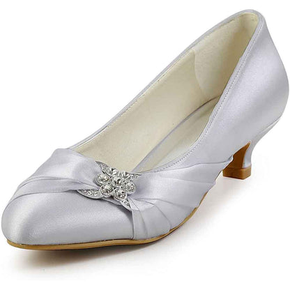 Women Closed Toe Comfort Heel Rhinestone Satin Wedding Bridal Shoes