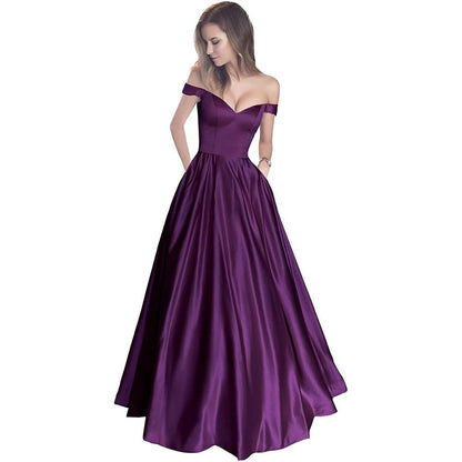 Off The Shoulder Satin Wedding Dress Beaded A.Line Prom Dress with Pocket