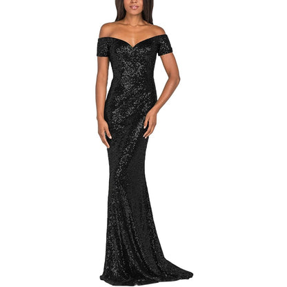 sd-hk Women's Off Shoulder Sequins Evening Dress Long Mermaid Side Slit Formal Dresses