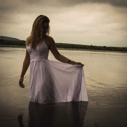 Spaghetti Straps Applique Backless Long Chiffon Beach Wedding Dress For Women