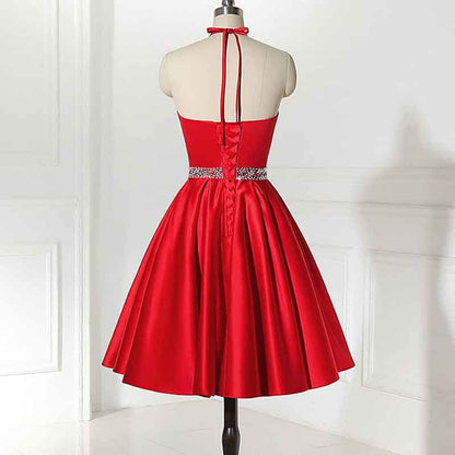 Short Prom Dress Halter Homecoming Dresses with Pockets Satin Cocktail Dress