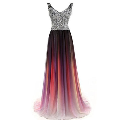 Gradient Formal Evening Gowns Beaded Ombre Chiffon Long Prom Dresses