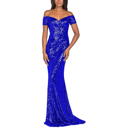 sd-hk Women's Off Shoulder Sequins Evening Dress Long Mermaid Side Slit Formal Dresses
