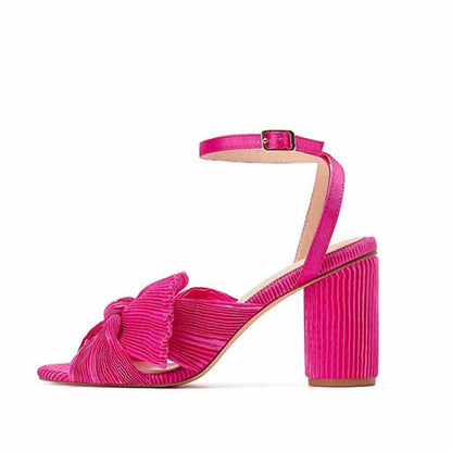 Women Pleated Knot Heeled Sandal with Ankle Strap Summer Bridesmaid Dress Shoes