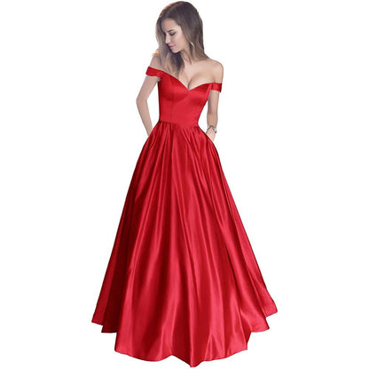Off The Shoulder Satin Wedding Dress Beaded A.Line Prom Dress with Pocket