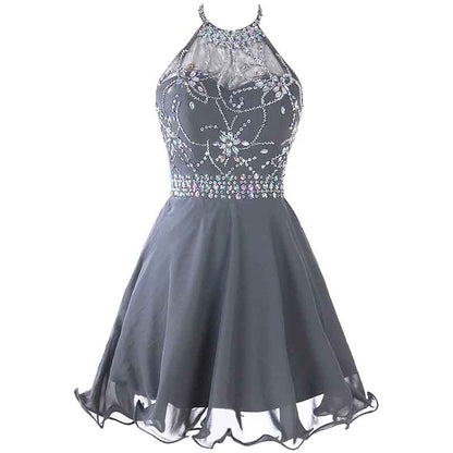 Women's Beaded Halter Homecoming Dress Short Tulle Prom Dress