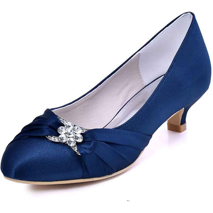 Women Closed Toe Comfort Heel Rhinestone Satin Wedding Bridal Shoes