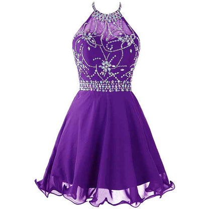 Women's Beaded Halter Homecoming Dress Short Tulle Prom Dress