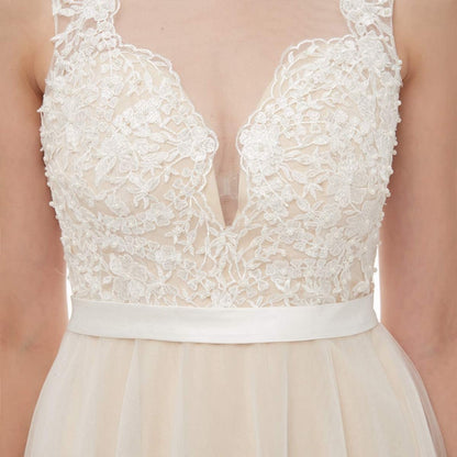 sd-hk Bride V-Neck A-line Lace Tulle Long Beach Wedding Dress for Women