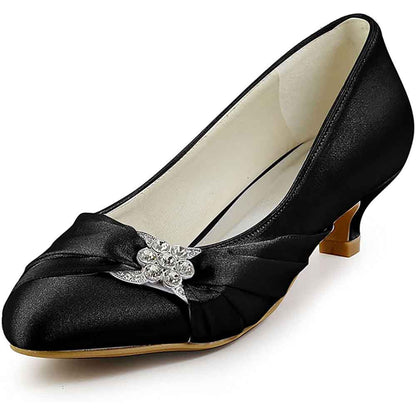 Women Closed Toe Comfort Heel Rhinestone Satin Wedding Bridal Shoes
