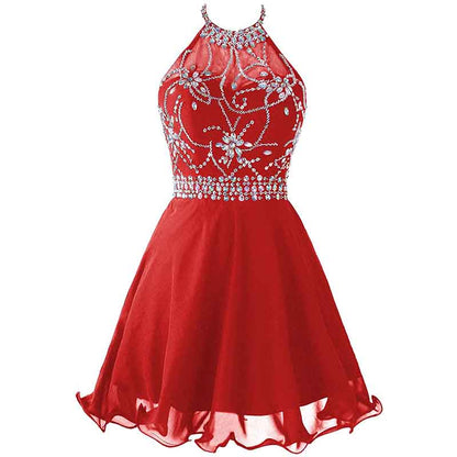Women's Beaded Halter Homecoming Dress Short Tulle Prom Dress