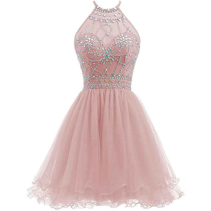 Women's Beaded Halter Homecoming Dress Short Tulle Prom Dress