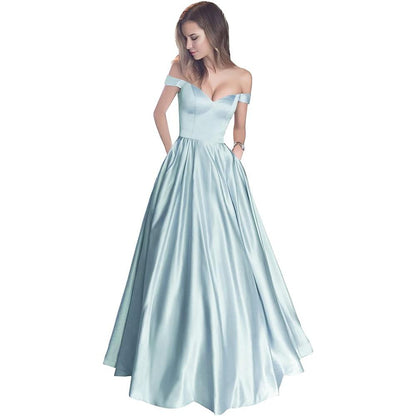 Off The Shoulder Satin Wedding Dress Beaded A.Line Prom Dress with Pocket