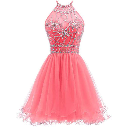 Women's Beaded Halter Homecoming Dress Short Tulle Prom Dress